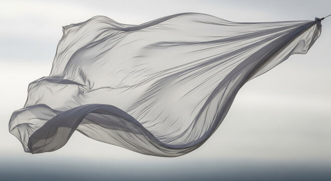 Abstract image of a sheer gray fabric floating in the air against the sky