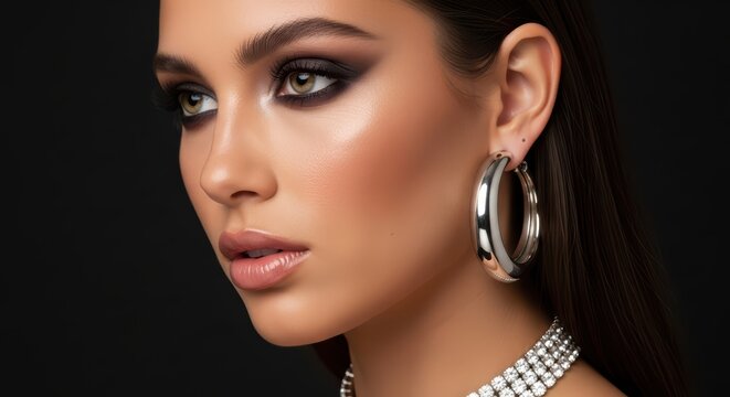 Glamorous portrait of a young caucasian female with bold makeup and jewelry