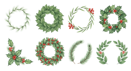 Collection of watercolor christmas wreaths and decorative elements with holly and berries isolated on transparent background