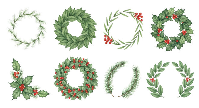 Collection of watercolor christmas wreaths and decorative elements with holly and berries isolated on transparent background - Powered by Adobe