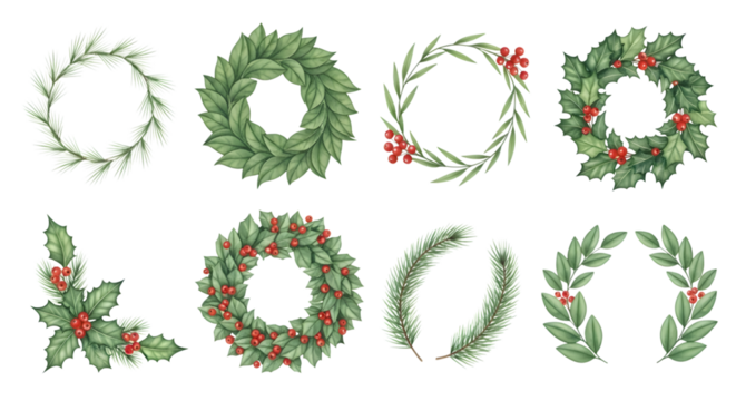 Collection of watercolor christmas wreaths and decorative elements with holly and berries isolated on transparent background