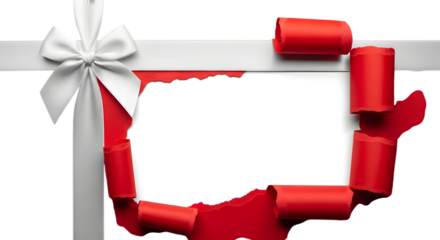 A white satin ribbon with a bow is tied around a torn opening of red paper, revealing a white space for text or design, isolated on transparent background