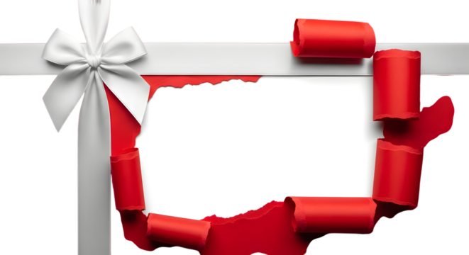 A white satin ribbon with a bow is tied around a torn opening of red paper, revealing a white space for text or design, isolated on transparent background