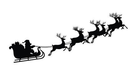 Silhouette of santa claus in his sleigh pulled by a team of reindeer flying across the sky