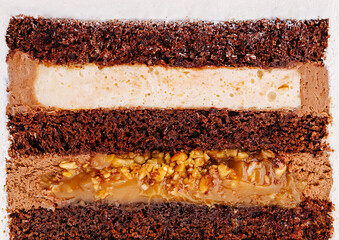 Layers of rich chocolate cake with creamy filling and caramel