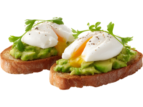 Avocado toast with egg isolated on transparent background, ideal for healthy food and breakfast visuals..