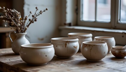 Collection of Handmade White Ceramic Bowls and Vase with Dried Flowers on Rustic Wooden Table