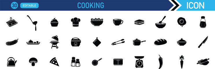 Cooking icon set. Including Chef, Recipe, Kitchen, Utensils, Ingredients, Bake, Cook, Pan, Spice, Meal. vector illustration