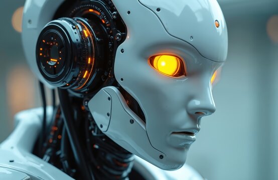 Futuristic robot head close-up with glowing yellow eyes. Sleek white face exposed intricate mechanical parts on side. Image advanced artificial intelligence, automation, cybernetic future, digital