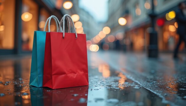 Two colorful paper bags rest on a wet city street after rain. Blurred background lights create bokeh effect. Shopper carries purchases on urban night outing.