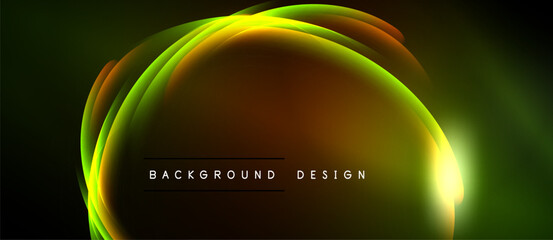 Abstract neon lights create glowing curves. Dark background emphasizes vibrant yellow, green, orange hues. Modern design element.