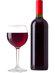 Bottle and glass of red wine isolated on transparent background, perfect for elegant and celebration visuals..