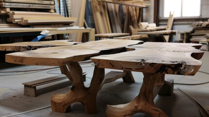 A handcrafted wooden table made from natural wood with unique grain patterns. The workshop background features various wood pieces and tools.