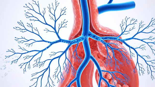 3D rendered depiction of veins branching through red tissue, with blue highlighting
