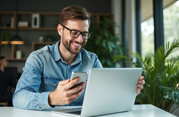 Young businessman smiles happily, looking at bright smartphone screen. Works at laptop computer on white desk. Pro male uses tech devices in modern office setting. Connects online, enjoys digital