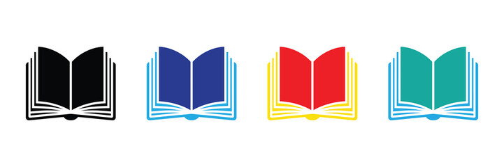 Open book icon set in various colors: knowledge, education, learning, library symbol isolated on white background