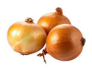 Three golden onions, papery skins, against black backdrop