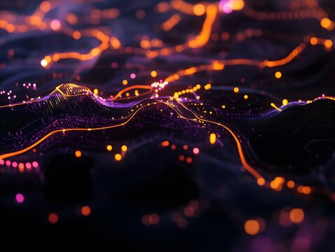 Digital data flow network with glowing connections and abstract lines