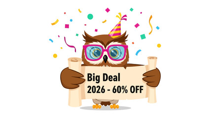 Celebratory Owl's Big Deal Announcement: A charming cartoon owl, adorned with party accessories, holds a scroll with Big Deal and 2026-60% OFF, confetti rains down, suggesting a significant offer.