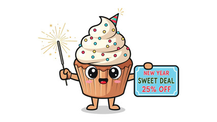 Festive Cupcake: a charming cupcake with sparkling details, donning a party hat, proudly displaying a New Year's sweet deal banner with a sparkler in hand, creating a delightful and festive vibe.