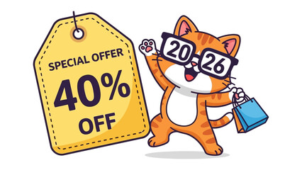 Savings Surprise: A cheerful feline heralds an irresistible 40% OFF deal, flaunting a shopping bag. It's the perfect offer for everyone!
