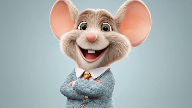 Cheerful gray cartoon mouse in a blue blazer, arms crossed, oversized ears, friendly smile. So warm