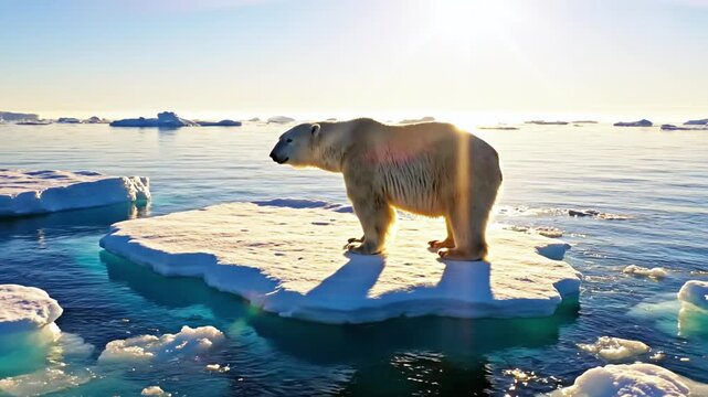 A polar bear stands on an ice floe amidst icy waters, bathed in bright sunlight