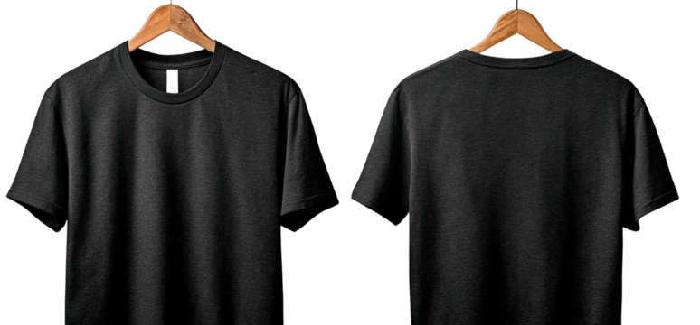 Black t-shirt, front and back, hanging on wooden hanger