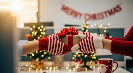 Close-up of two people wearing festive red and white striped gloves exchanging a Christmas gift in a decorated office setting during the holiday season.