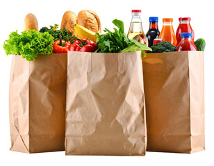 Bags of groceries veggies, fruit, bottles. Simple still life