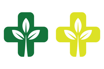 Two stylized green and yellow crosses with white leaf outlines symbolize nature-based healthcare and wellness solutions.