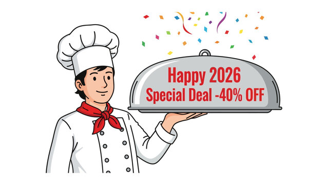 Culinary Special Offering: A cartoon chef presents a serving platter with festive celebratory message.