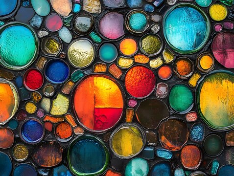 Vibrant colorful glass mosaic pattern with textured round and irregular shapes