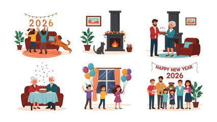 New Year Celebration: A vibrant illustration showcasing multiple scenes of festive gatherings, friends and family share joyous moments, decorated with the year 2026. 