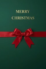 Elegant Merry Christmas Greeting Card Design with Gold Text and Red Ribbon Bow on a Rich Green Background