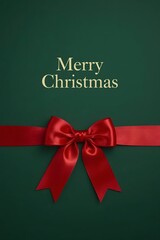 Elegant Merry Christmas Greeting Card with Red Satin Bow on Dark Green Background