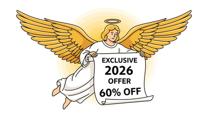 Angel Offer: A heavenly angel, complete with wings and halo, presents an exclusive 60% off offer for 2026. The scene evokes a sense of divine assistance for financial savings.