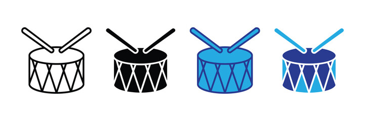 Drum icon set with drumsticks, various styles, outline and solid, musical instrument isolated on white background