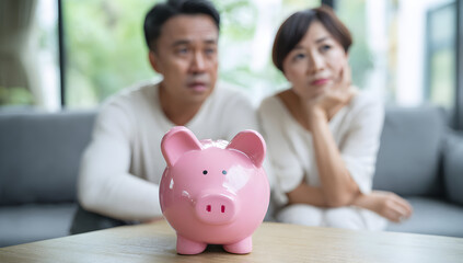 Asian couple contemplates their finances while sitting near a pink piggy bank in their living room, considering their savings with a thoughtful expression.