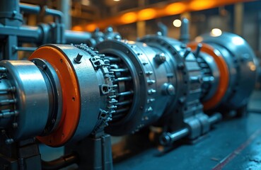 Fototapeta premium Large industrial gas turbine engine complex metal machinery, ship power plant component. Heavy industrial equipment part, blue lighting, mechanical engineering.