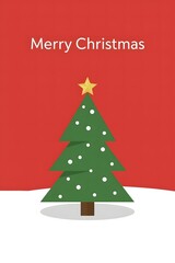 Minimalist Merry Christmas Flat Design Greeting Card with Decorated Tree on Red Background