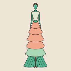 Stylized fashion illustration of a woman in a tiered gown