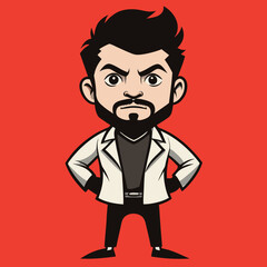 Cartoon man with beard wearing lab coat standing confidently