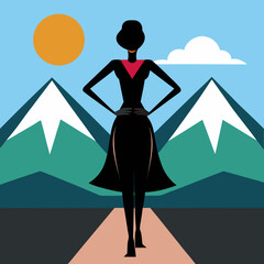 Fashionable woman walking on runway with mountains and sun in background