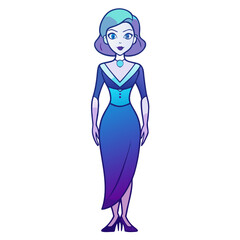 Elegant cartoon woman in a long blue dress and heels