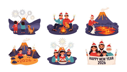 New Year Celebration at Volcano: A compilation of illustrations showcasing families and friends gathered around a volcano celebrating New Year with fireworks. 
