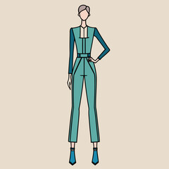 Fashion illustration of a woman in a stylish teal jumpsuit and blue boots
