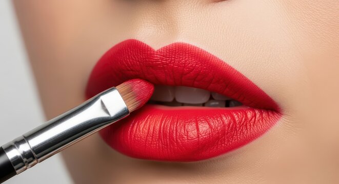 Close-up of red lipstick application on female lips with lip brush