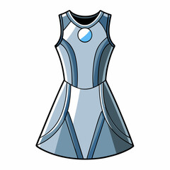 Stylized futuristic silver and blue sleeveless dress with a circular emblem © Tusar
