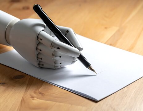 Close-up of a robotic hand writing with a pen on white paper
